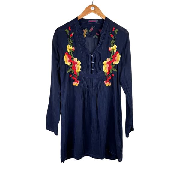 Johnny Was Dark Navy Rayon Embroidered Flower Long Sleeve Tunic Dress *AS IS* - Picture 8 of 12